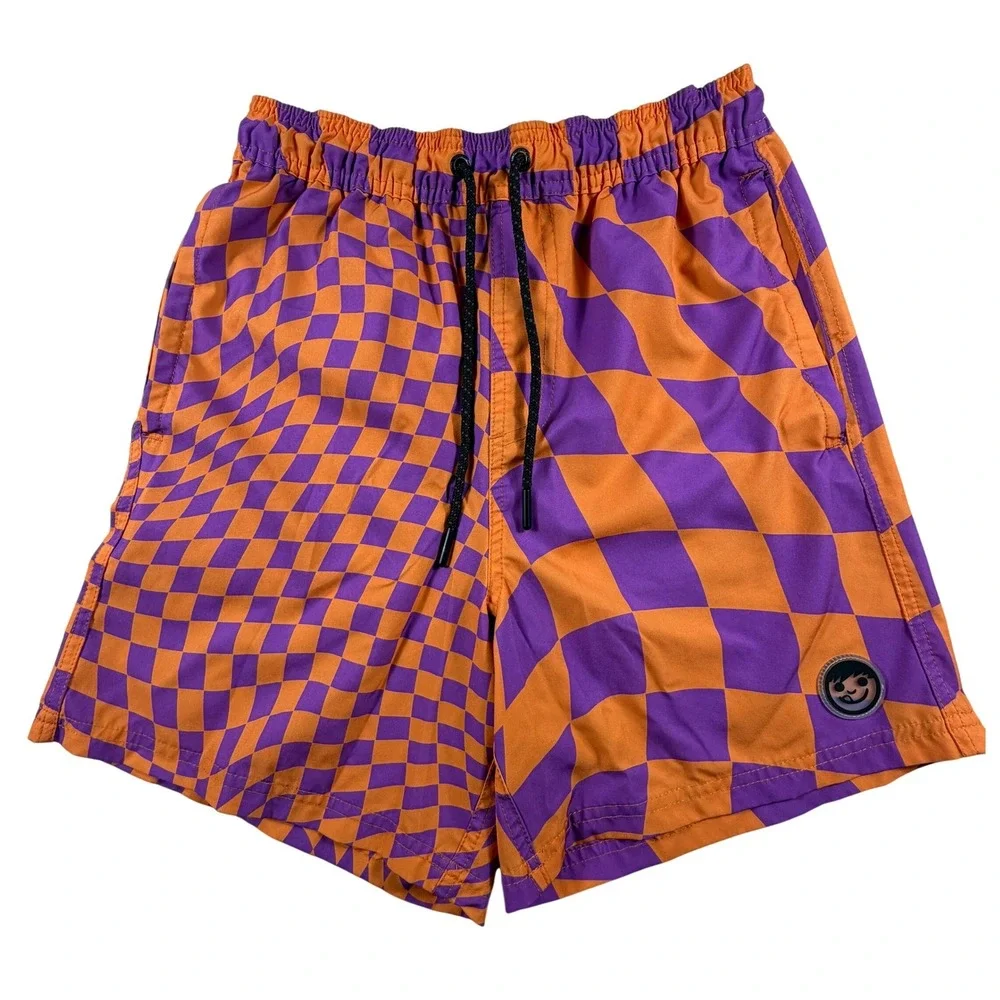 Neff Mens Swim Trunks Orange Purple Trippy Checkerboard Board Shorts Medium